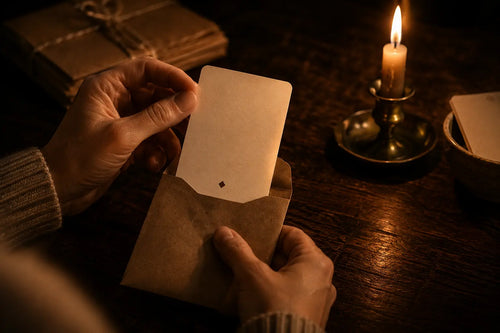 A Deep Cuts card being drawn from a kraft envelope by candlelight