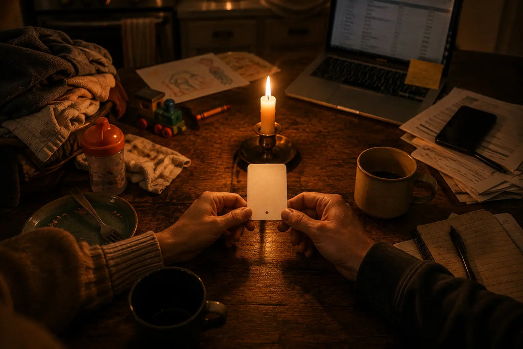 Hands holding a Kitchen Table Date card by candlelight amid family chaos