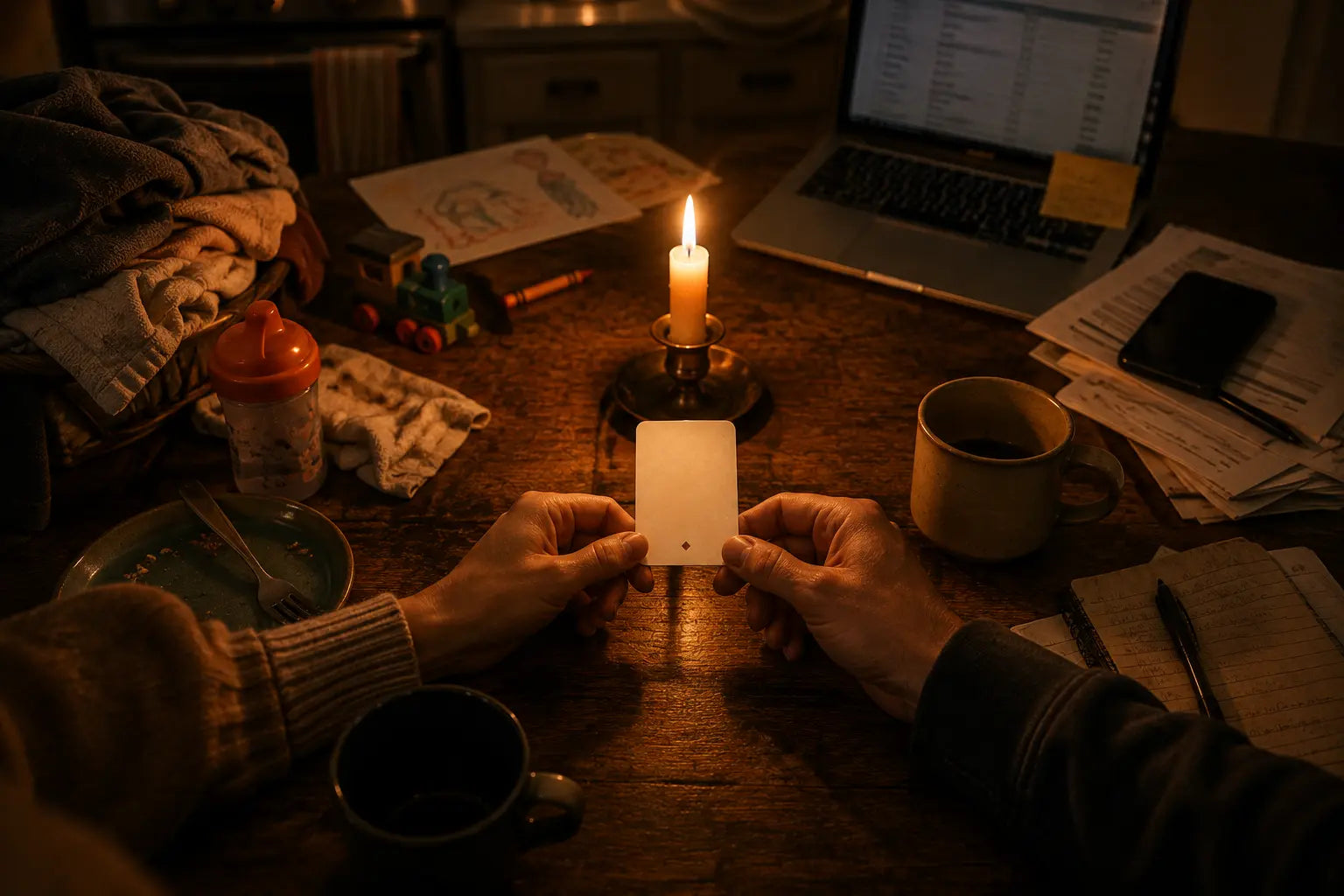 Hands holding a Kitchen Table Date card by candlelight amid family chaos