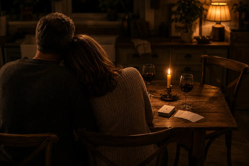 An older couple leaning together at a candlelit table with a deck of date night cards