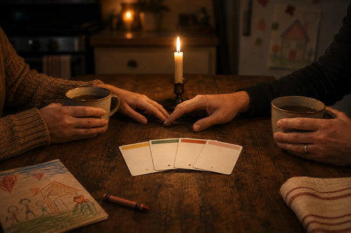 Couple at a candlelit kitchen table with four Kitchen Table Date cards fanned out