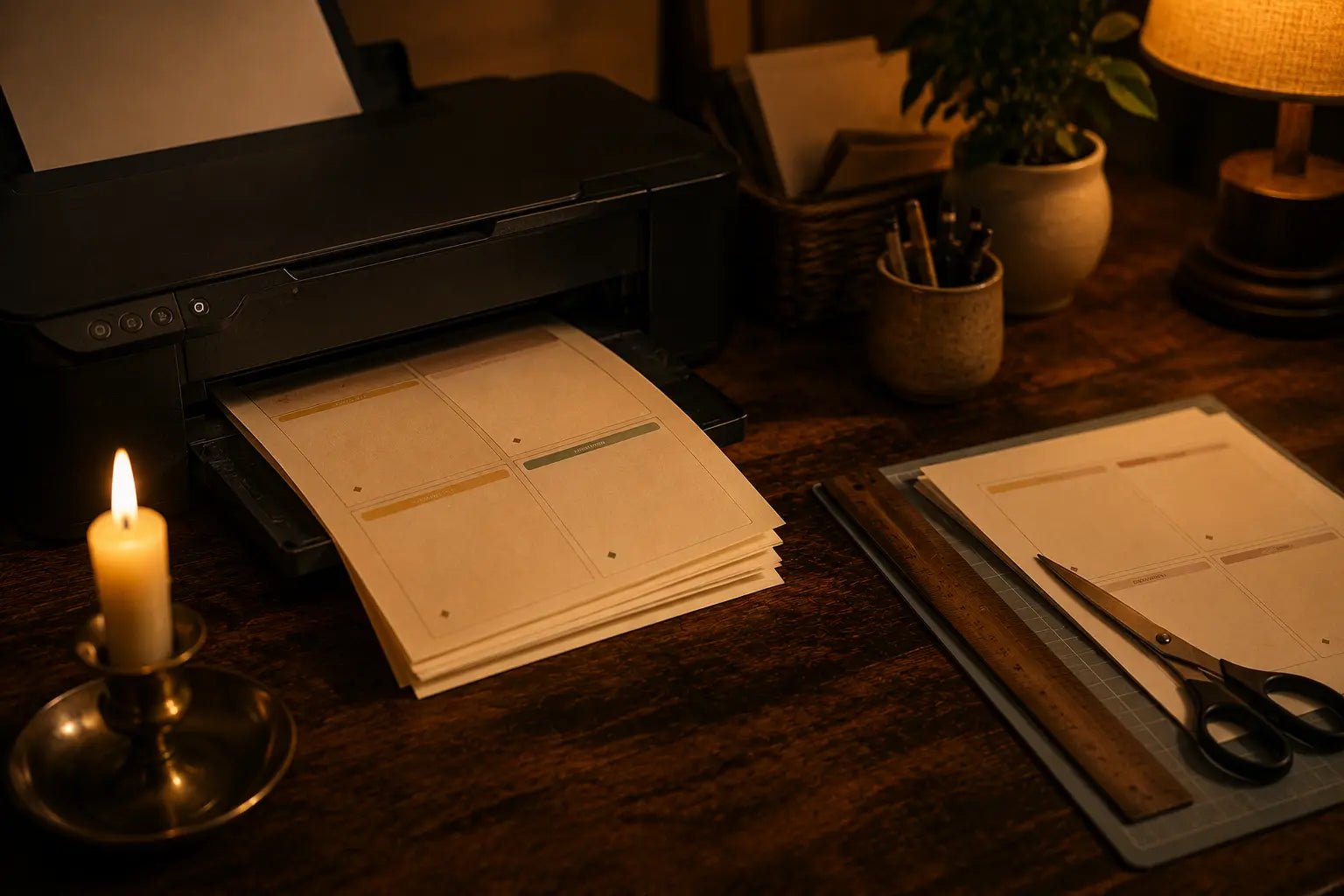 A home printer by candlelight printing sheets of date night cards