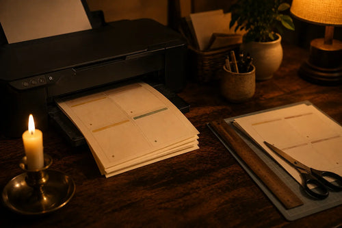 A home printer by candlelight printing sheets of date night cards