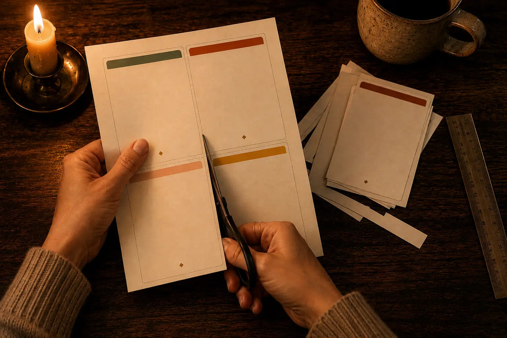 Hands cutting a printed sheet into Kitchen Table Date cards