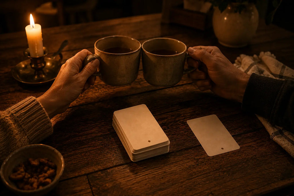 Two mugs raised over a candlelit table with a stack of date night cards